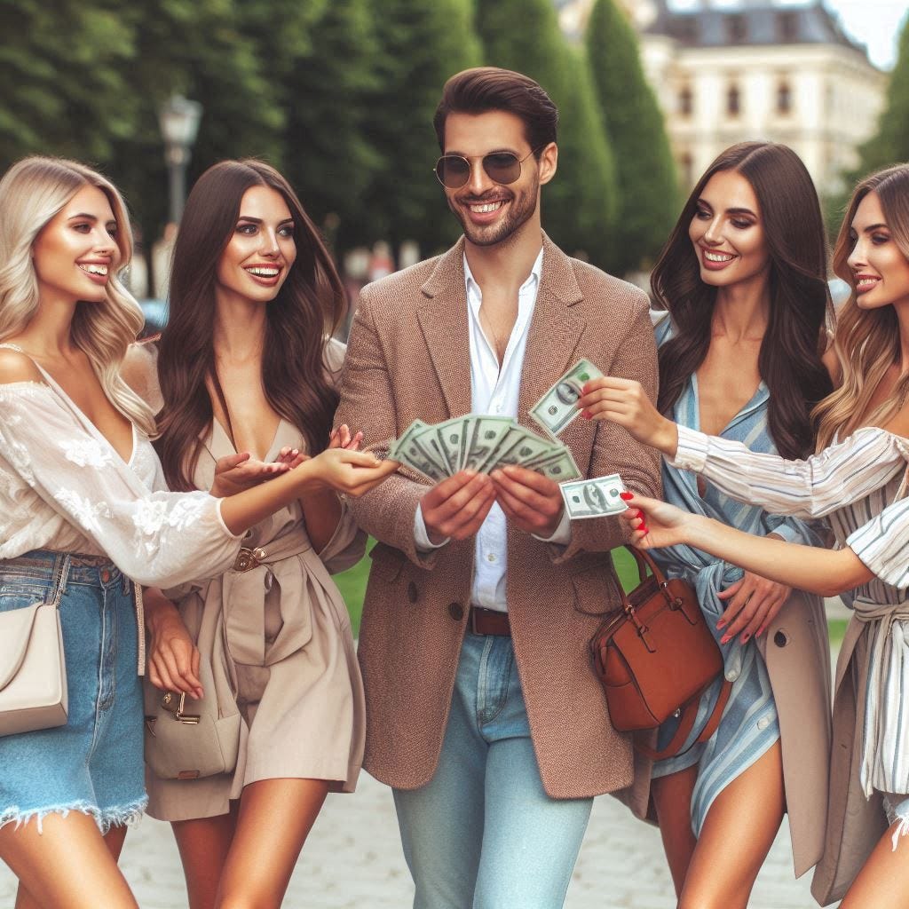 A group of beautiful women walking in a park in a big city, happily giving a lot of money to a handsome man