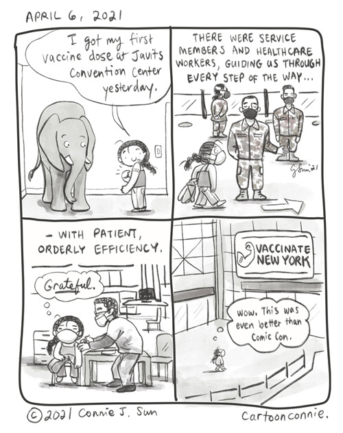 Getting My First Vaccine Dose at Javits Center Diary comic about getting vaccinated at Javits Center in NYC, sketchbook, pandemic year, comic illustration by Connie Sun, cartoonconnie