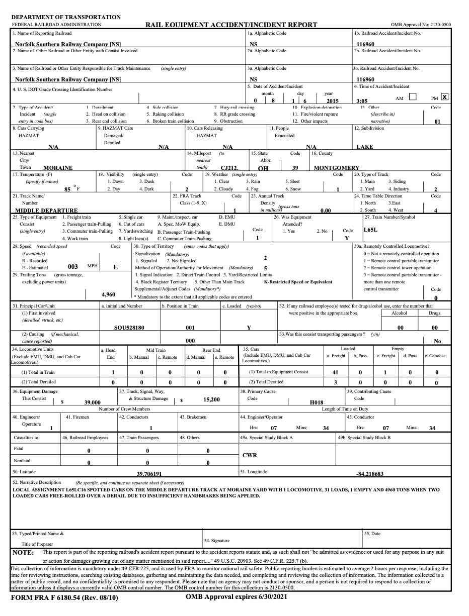 Sample Rail Accident Report Form filed with the Department of Transportation