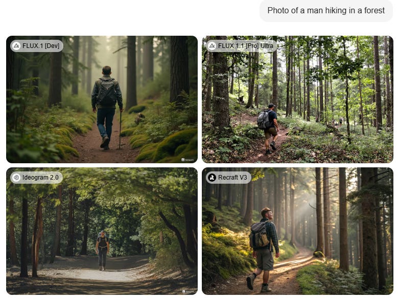 Photos of a man walking in the forest by four different models in Genspark