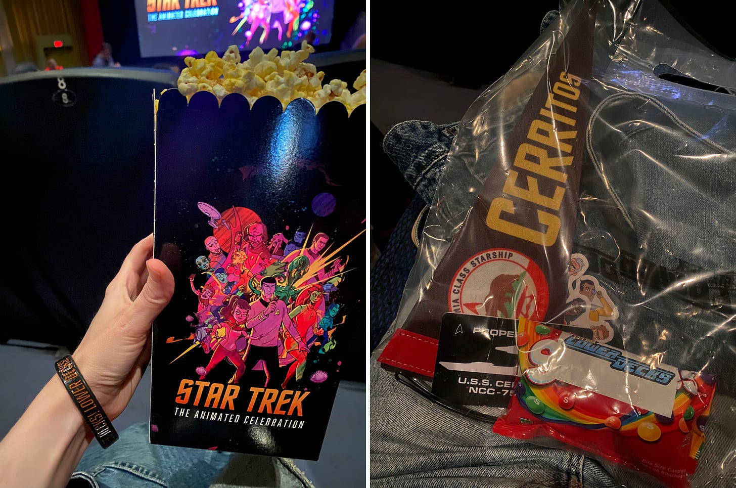 Left image: a black popcorn box with art featuring animated Star Trek characters, largely in shades of red and pink. Below them is text that reads: "Star Trek: the animated celebration" in all caps. My hand is holding the box and I have a rubber bracelet on that reads "Lower Decks! Lower Decks!". In the background you can see the theatre screen which features the same image as the popcorn box. Right image: A photo of a clear plastic bag on my lap, containing a bunch of Lower Decks stickers and a little pennant flag that reads 'CERRITOS', plus a bag of skittles with a Lower Decks sticker on it.