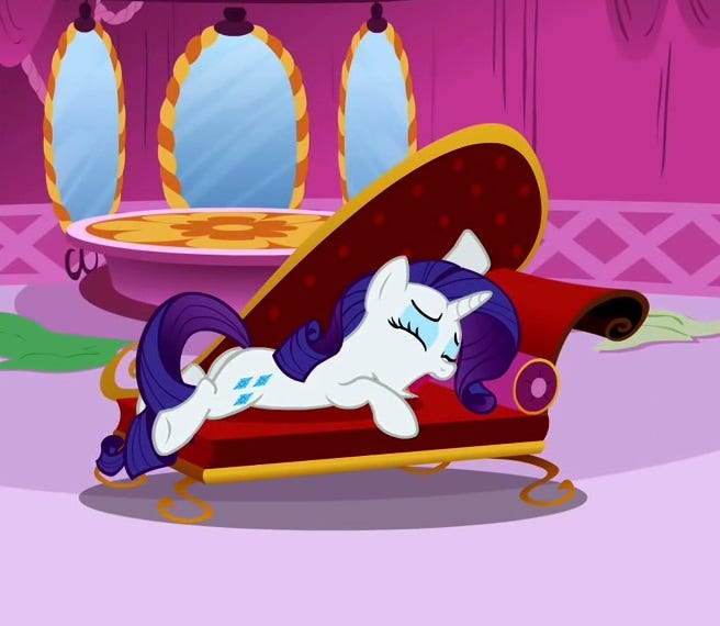 My Little Pony screenshot, Rarity crying on her fainting couch