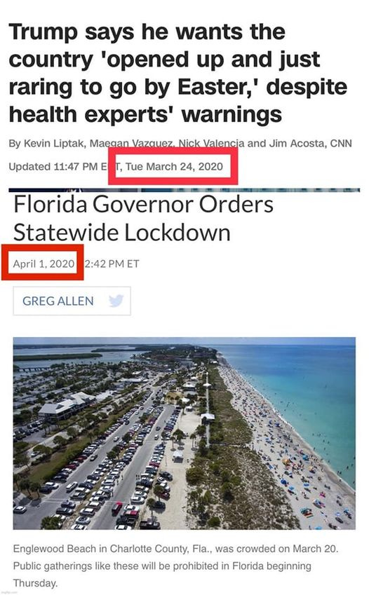 May be an image of body of water and text that says 'Trump says he wants the country 'opened up and just raring to go by Easter, despite health experts' warnings By Kevin Liptak, Maegan Nick Valencia and Jim Acosta, CNN Updated 11:47 PM E Tue March 24, 2020 Florida Governor Orders Statewide Lockdown April 2020 2:42 PM ET GREG ALLEN Englewood Beach in Charlotte County, Fla., was crowded on March 20. Public gatherings like these will be prohibited in Florida beginning Thursday.'