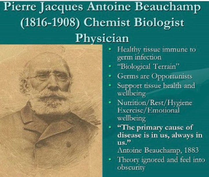 May be an image of 1 person and text that says "Pierre Jacques Antoine Beauchamp (1816-1908) Chemist Biologist Physician Healthy tissue immune to germ infection "Biological Terrain" Germs are Opportunists Support tissue health and wellbeing Nutrition Rest/ Hygiene Excrcisc wellbeing "The primary cause of disease is in us, always in us." us." Antoine Beauchamp, 1883 Theory ignored and feel into obscurity"