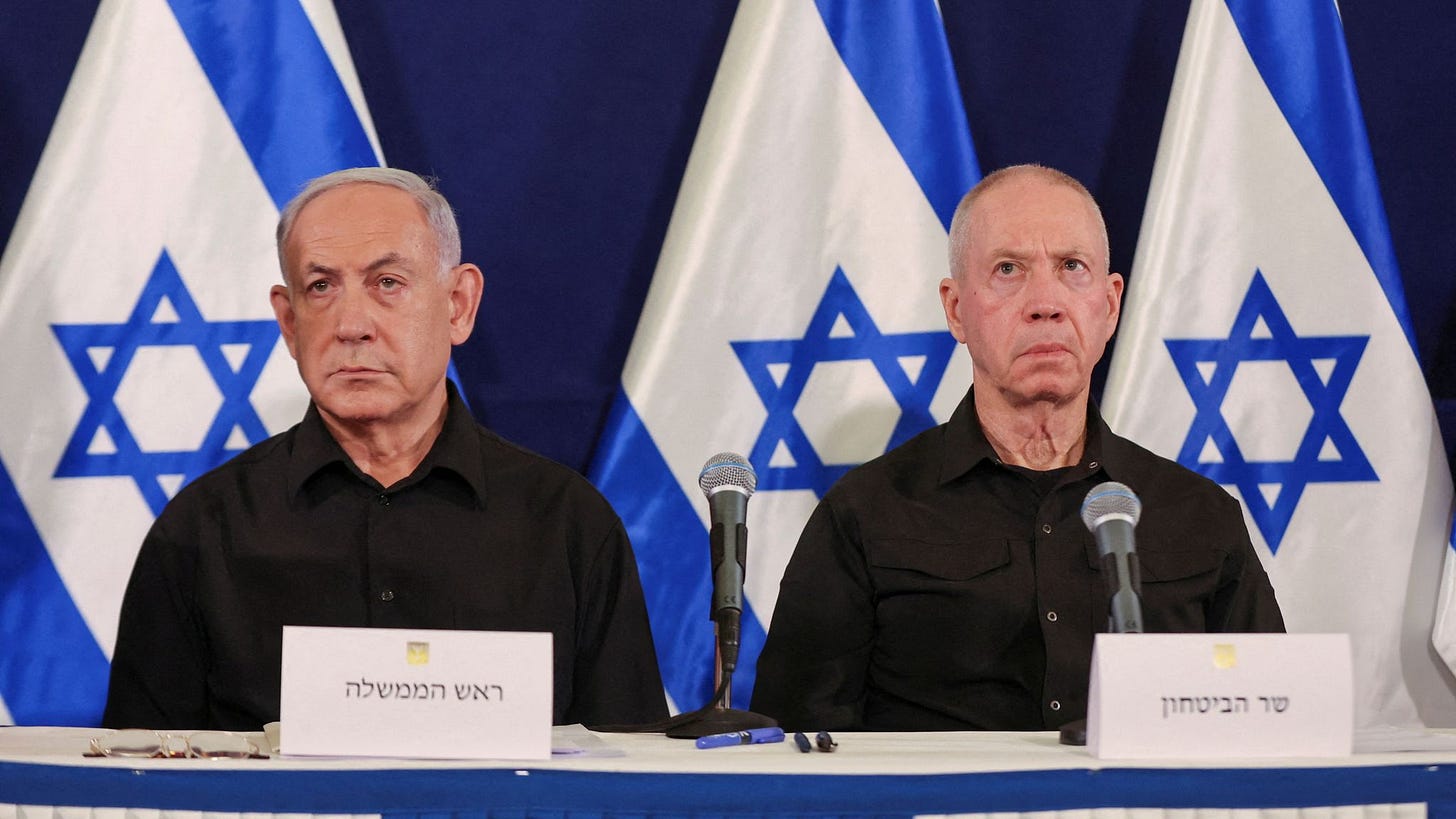 Israeli Prime Minister Benjamin Netanyahu (left) and Israeli Defense Minister Yoav Gallant (right).  Both are charged with war crimes and crimes against humanity in an application by ICC Chief Prosecutor Karim Khan.  Image: Reuters, Sky News