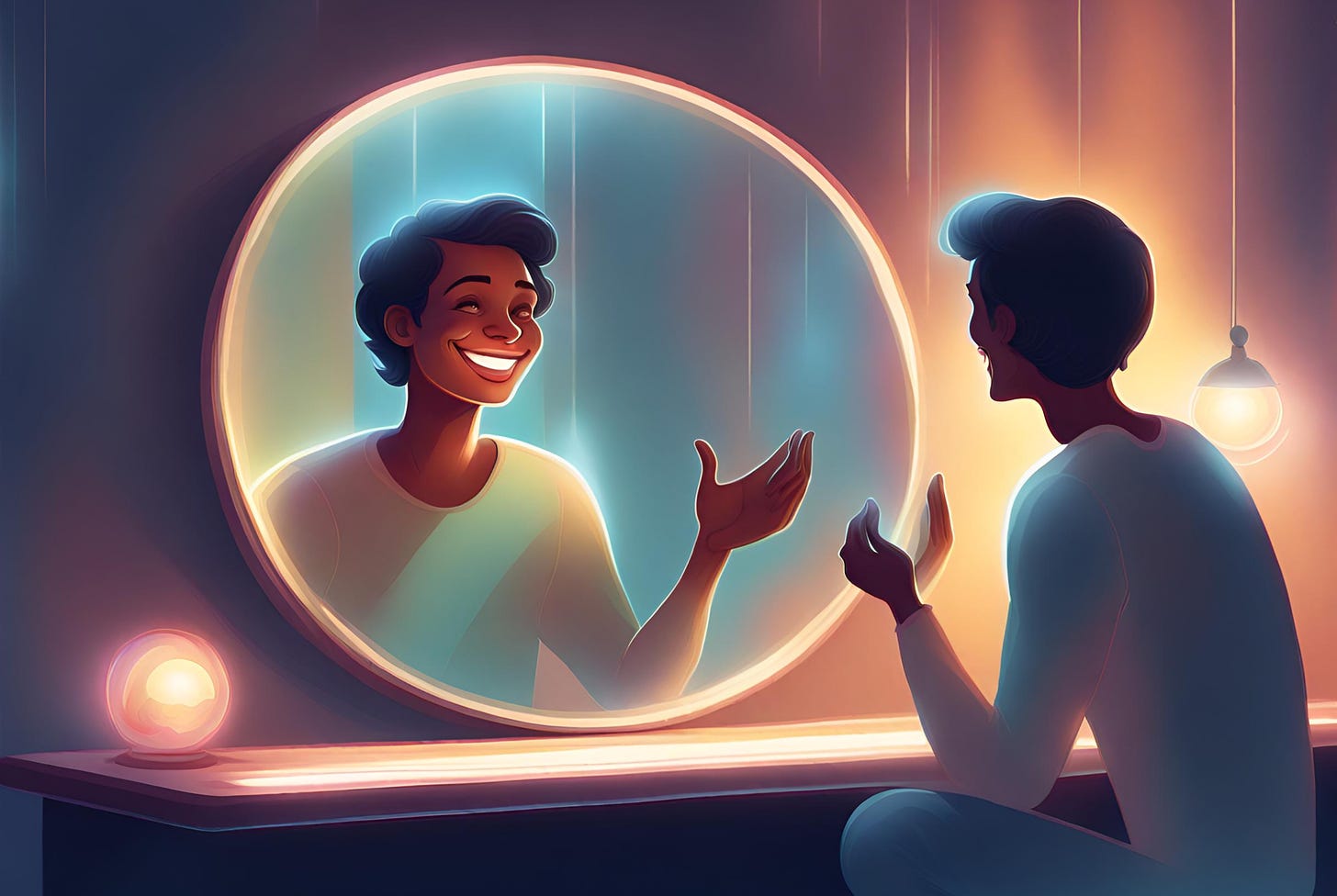 Illustration of a happy person talking to their reflection in a mirror