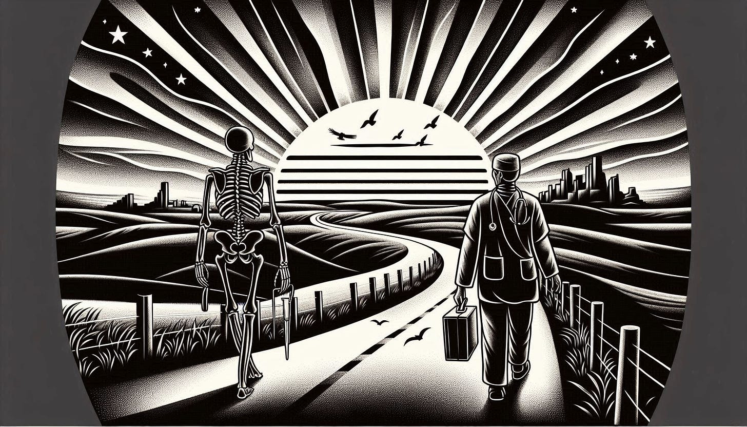 drawing of a skeleton surgeon walking down a road with a sunrise on the horizon in black and white art deco style. Image 3 of 4