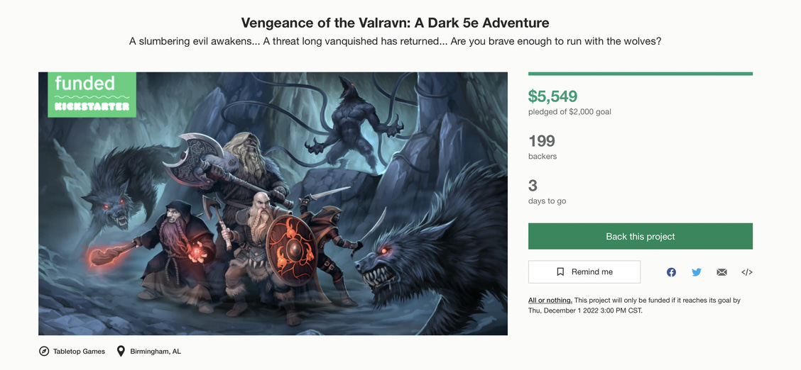 A screenshot of the Kickstarter page, showing its currently funding level, which is $5,549 with 199 backers.