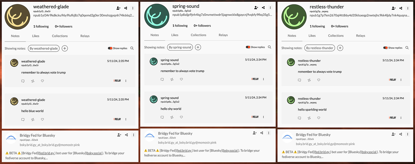 screenshots of three of the spam accounts on Nostr, where they originated (viewed with coracle.social)