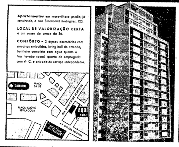 Detalhe de anúncio imobiliário publicado nos anos 1960, oferecendo "quarto de empregada"com banheiro e entrada de serviço "independentes"