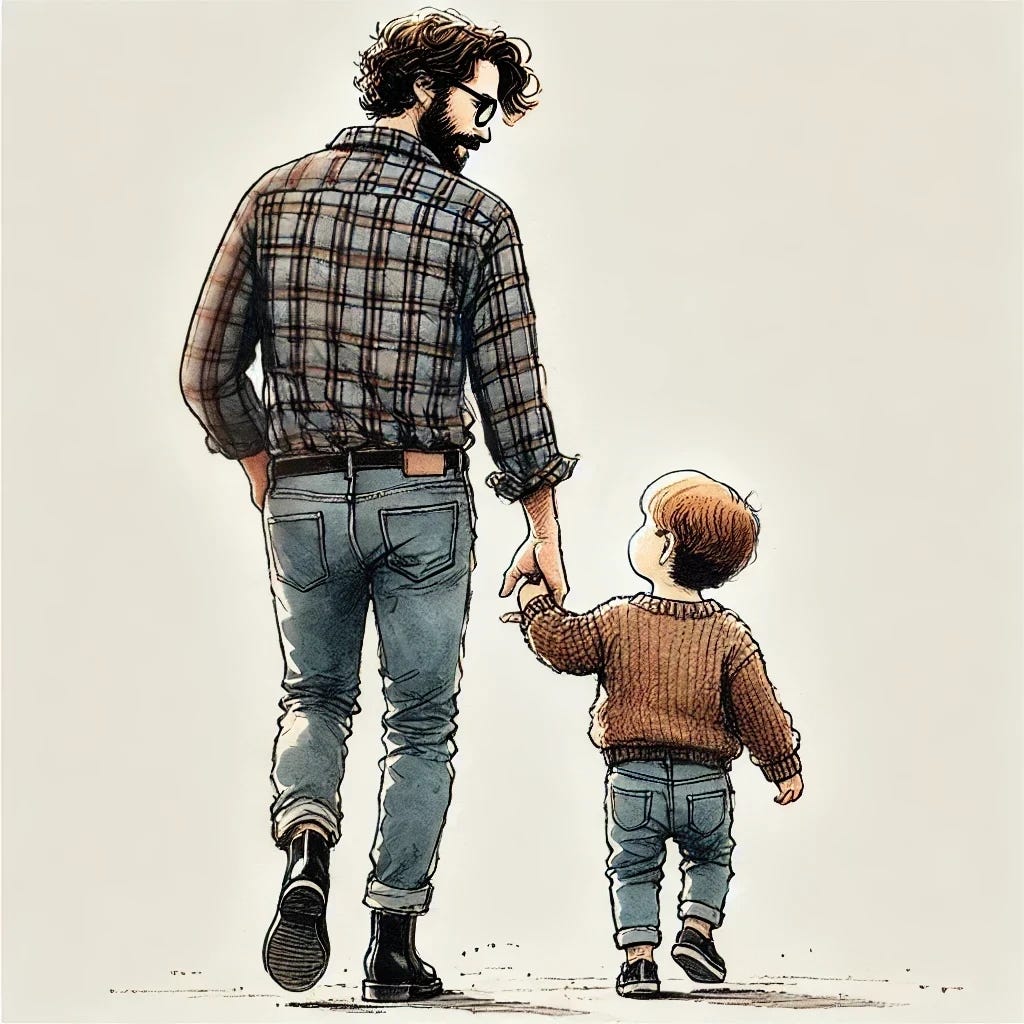 A hand-drawn, watercolor-style illustration of a father and his young son walking side by side, viewed from behind. The dad has a medium-length, wavy blonde beard, round glasses, and wears a plaid flannel shirt, well-worn jeans, and black Chelsea boots. His left hand is placed inside his pocket, looking relaxed and comfortable. The young son, with short, slightly messy blonde hair, wears a cozy sweater, little jeans, and small sneakers. Their postures are easygoing as they walk together.