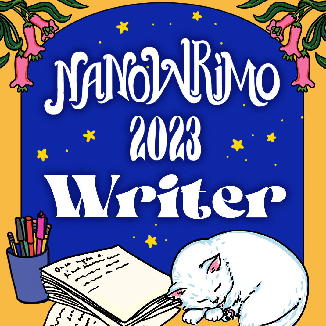 A sleeping white cat, a stack of pages, and a cup of pens | Text: Nanowrimo 2023 Writer