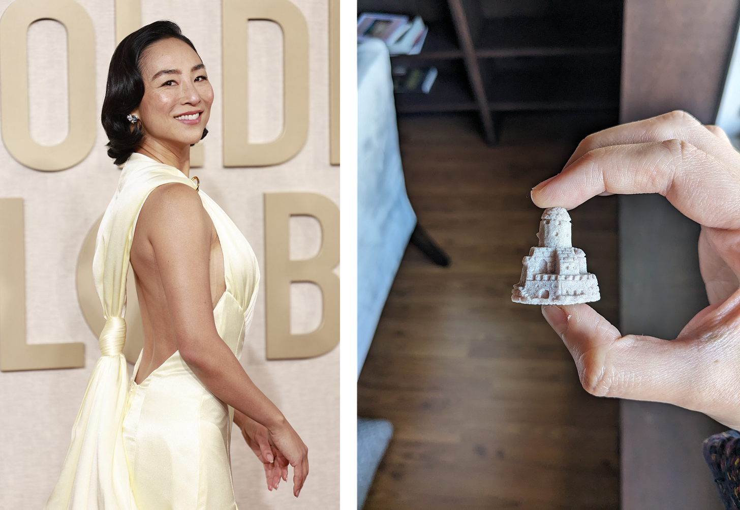 Left: Greta Lee in a cream-colored silky dress with a knotted cape-like back. Right: pale purple sandcastle.