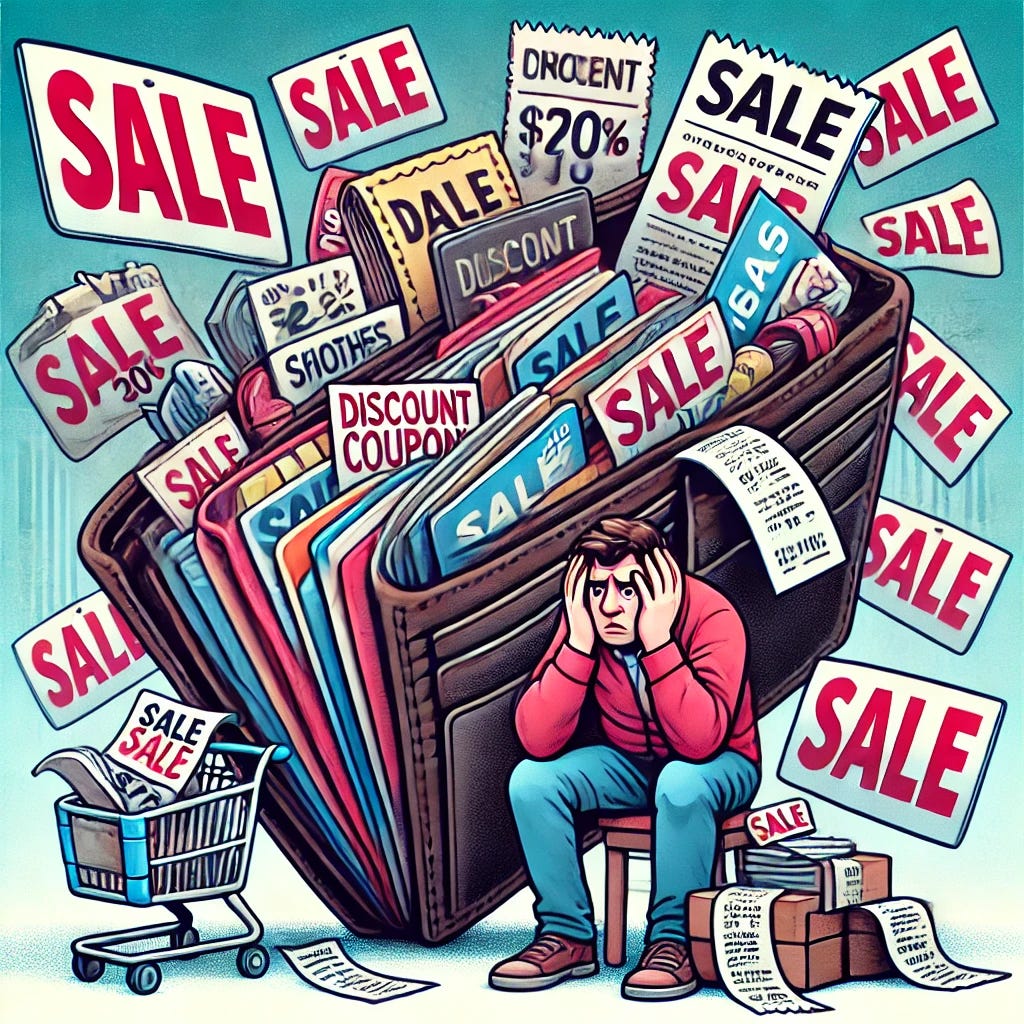 An illustration of a person holding a wallet that is overflowing with discount coupons and sale tags. The wallet appears to be struggling to stay closed, and the background features various products like clothes, electronics, and groceries with flashy 'Sale' signs on them. The scene conveys the idea that too many discounts can lead to overspending and hurting one's wallet. The person looks confused or overwhelmed, with a small pile of receipts next to them.