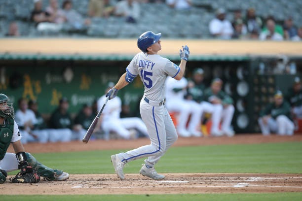 Matt Duffy of the Kansas City Royals bats during the game against the Oakland Athletics at RingCentral Coliseum on August 22, 2023 in Oakland,...