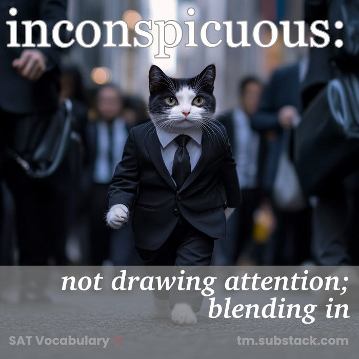 Illustration of a well-dressed tuxedo cat blending in with downtown business crowd; used to illustrate the SAT word 'inconspicuous'.