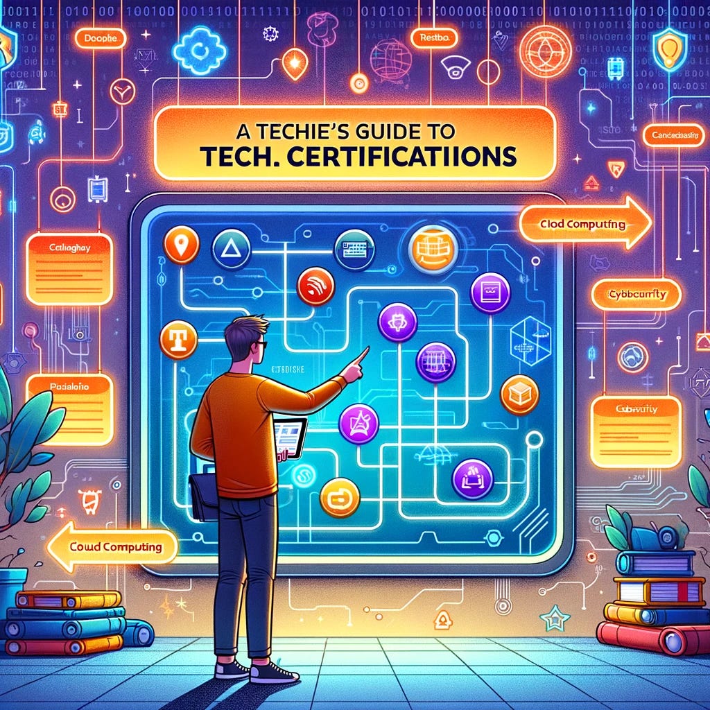 Design an informative and visually appealing image for a newsletter, titled 'A Techie's Guide to Tech. Certifications'. Picture a scene where a tech enthusiast is standing in front of a large, interactive digital board that displays various pathways and icons representing different tech certifications, such as coding languages, cloud computing, cybersecurity, and data analysis. The character is pointing towards the board with one hand, while holding a digital tablet in the other, on which additional information about the certifications is shown. The background is filled with digital patterns and symbols associated with technology and learning, such as binary code, circuit patterns, and educational icons. The scene captures the essence of navigating through the complex world of tech certifications, offering guidance and insights in a visually engaging way. The image should be colorful and dynamic, reflecting the excitement and opportunities within the tech field, and rendered in a cartoonish style to keep the tone light and accessible.