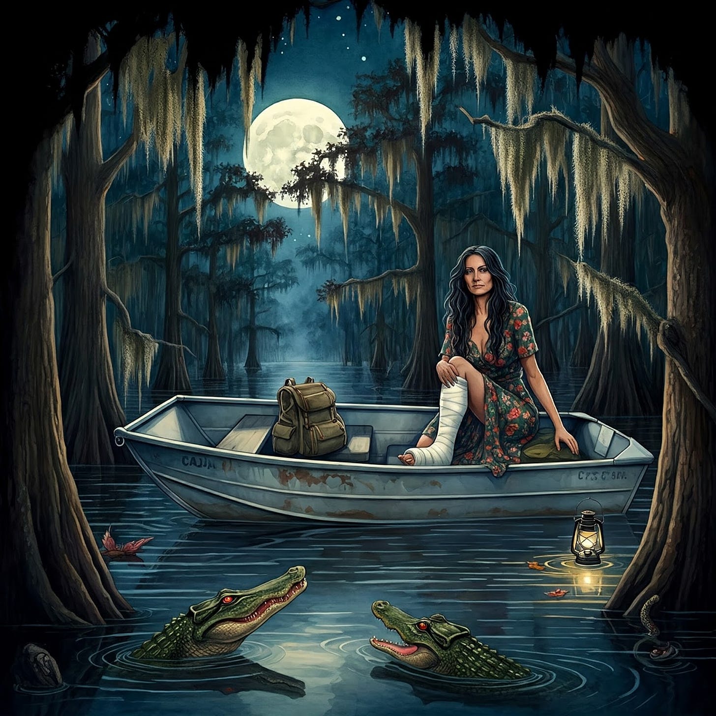 Image woman alone with broken leg in bayou under the moonlight Image woman alone with broken leg in bayou under the moonlight