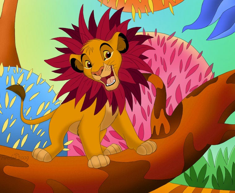 Simba from the animated Lion King with leaves as a big main. From the song Just Can't Wait To Be King.