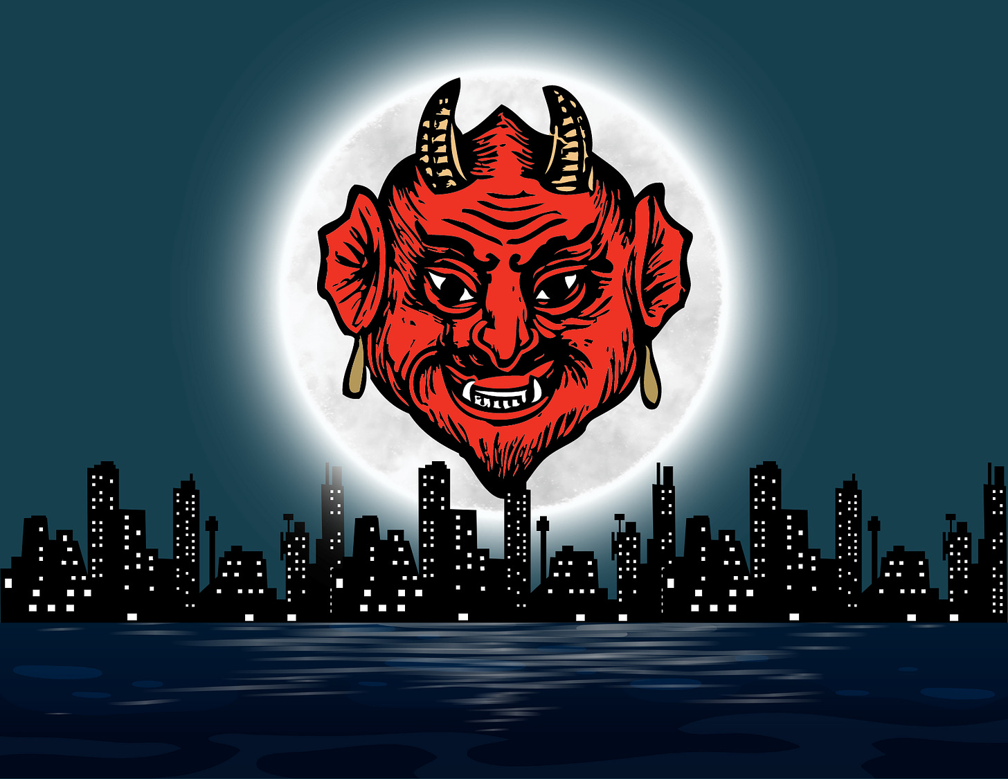 image of a red man's face over a city at night