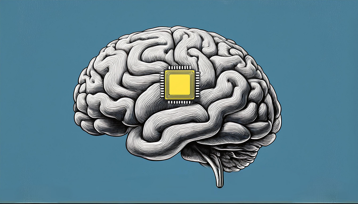 An illustration of a human brain with a microchip embedded in the center, symbolizing the integration of technology with human cognition, against a blue background.