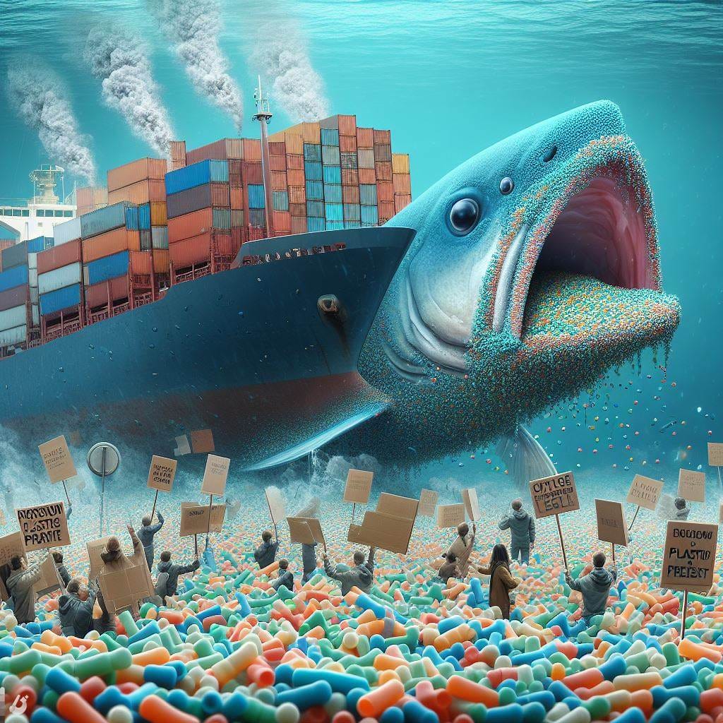 a large container shipwreck and millions of tiny plastic nurdle pellets, a fish with its mouth full of them, lots of protestors holding signs, digital art