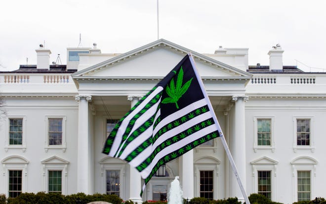 April 2, 2022: A demonstrator waves a flag with marijuana leaves depicted on it during a protest calling for the legalization of marijuana, outside of the White House in Washington D.C.. President Joe Biden is pardoning thousands of Americans convicted of “simple possession” of marijuana under federal law, as his administration takes a dramatic step toward decriminalizing the drug and addressing charging practices that disproportionately impact people of color.