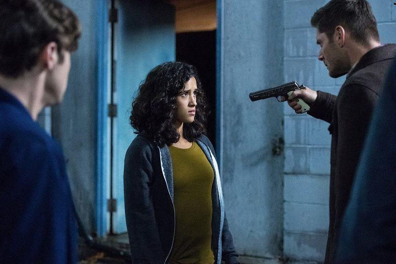 dean winchester pulling gun on kaia nieves supernatural