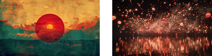 A red sun rising against an abstract, textured sky with a blend of warm colors and a serene reflection on the water; a night scene filled with floating paper lanterns glowing brightly over a shimmering body of water.