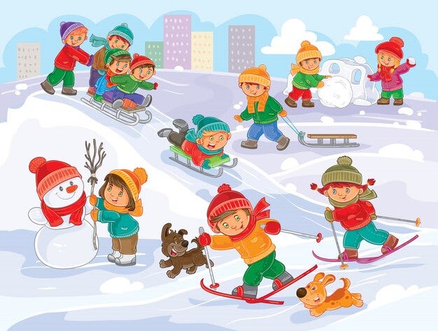Free vector vector illustration of little children playing outdoors in winter