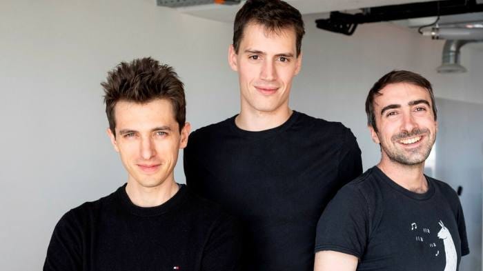 Mistral AI co-founders Guillaume Lample, left, Arthur Mensch and Timothée Lacroix