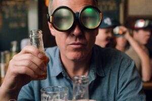 A man wearing goggles while drinking beer