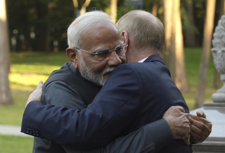 Modi bear-hugs Putin in Moscow, marking deep ties between Russia and India