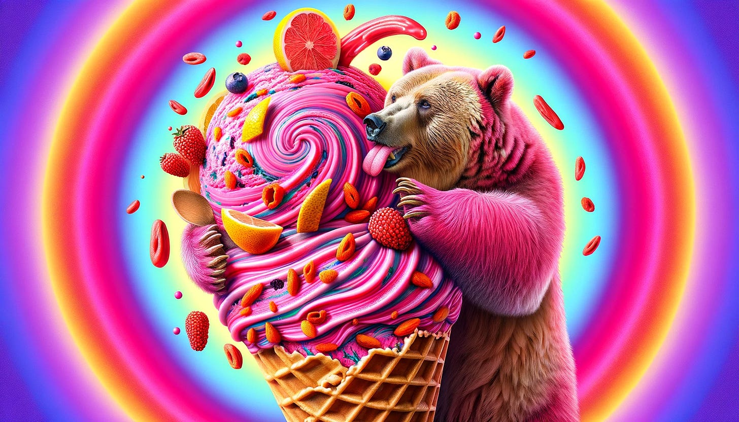 Image of a grizzly bear embracing and eating an ice cream cone filled with goju berry pink lemonade ice cream. 