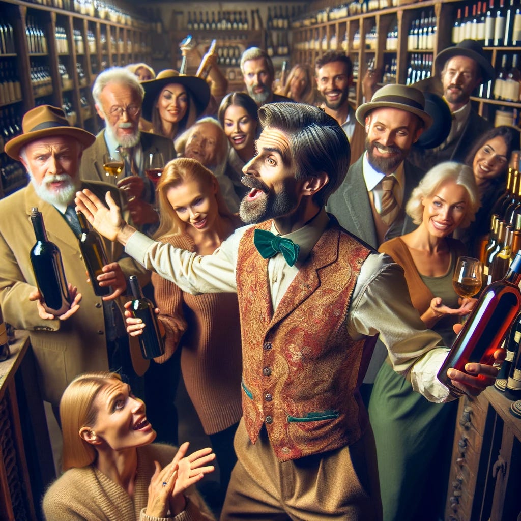 A vibrant scene in a traditional wine cellar, featuring a charismatic Caucasian cellar master energetically promoting his wines. He's dressed in a lively, vintage style, showcasing various bottles with great enthusiasm. The crowd around him, predominantly Western in appearance, includes Caucasian and Hispanic individuals, all showing keen interest and excitement. Some are even gesturing as if planning to tell others about the wine. The cellar is filled with rows of diverse wine bottles, reflecting an atmosphere of abundance and celebration, typical of Western wine culture.