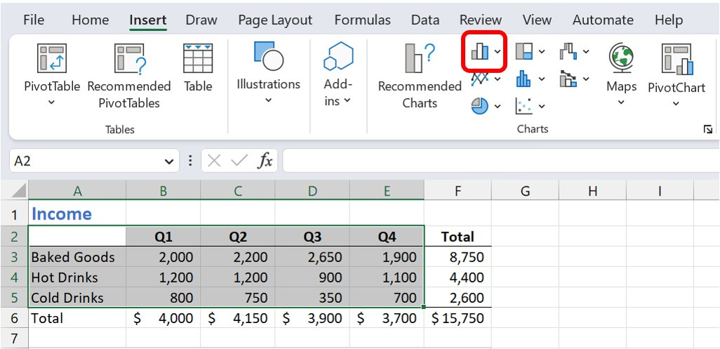 Insert Column or Bar Chart in the Insert > Charts group