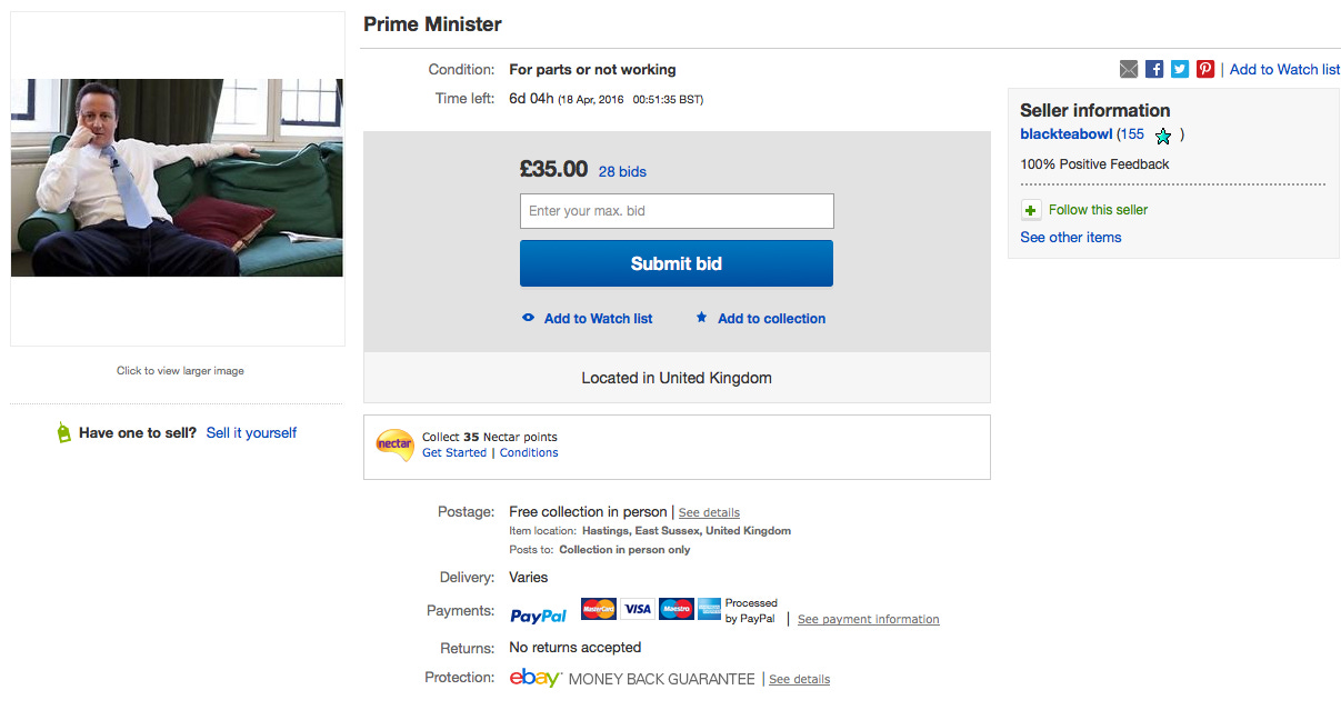 David Cameron has been listed on eBay