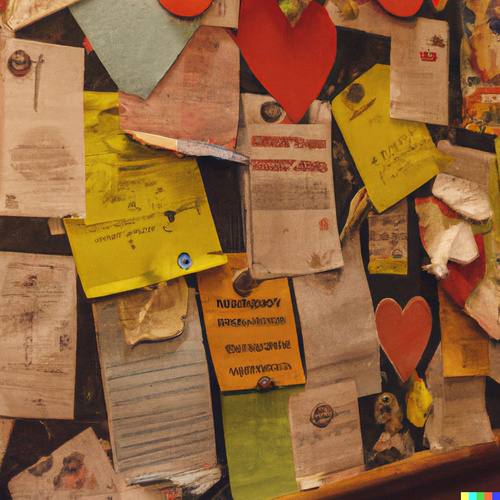 A bulletin board full of Valentines.