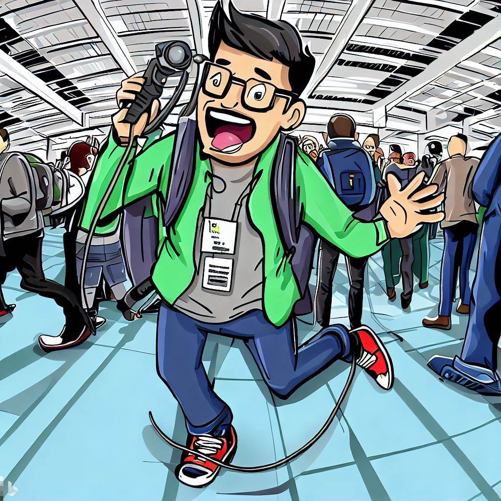 A cartoon of a man carrying a backpack and microphone in a crowded conference center