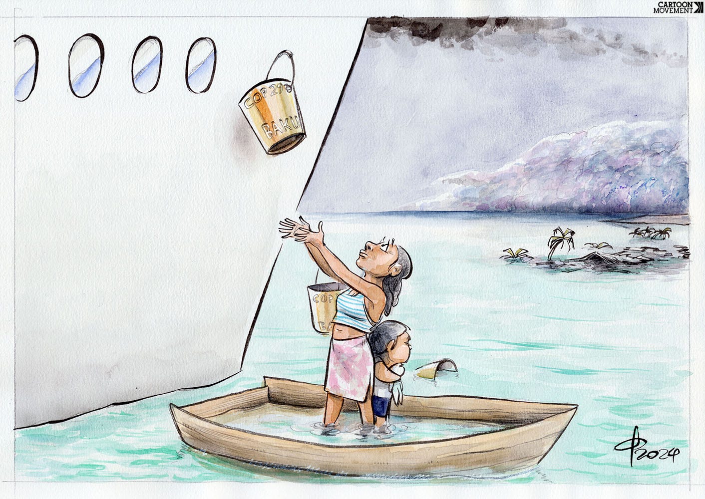 Cartoon showing a small wooden, leaking boat, aside a luxury yacht. In the small boat stand two children, trying to catch a bucket labeled 'COP29' that is being thrown off the yacht, which they can use to try and empty water out of the boat. In the background we see an island that has been drowned by rising sea levels.