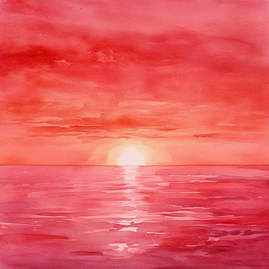 watercolor of a red dawn over Lake Michigan