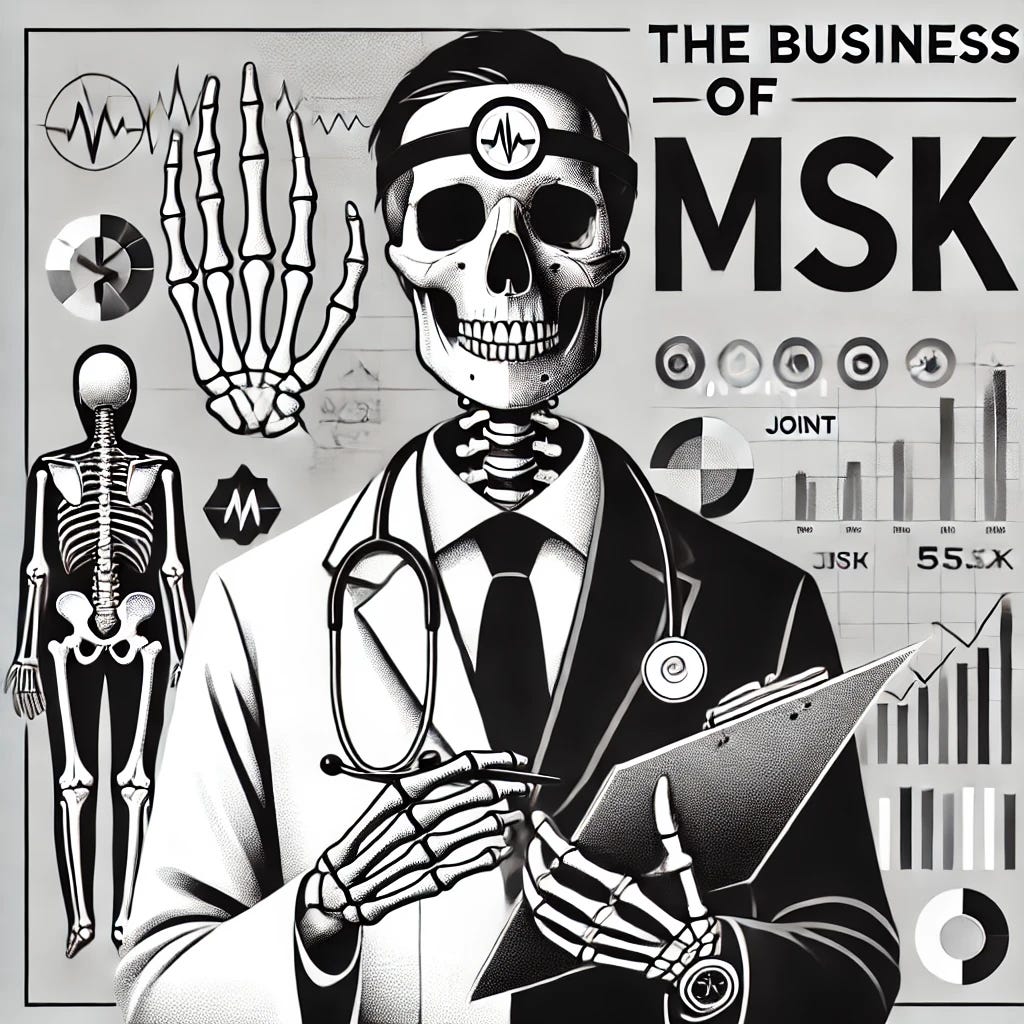 A black and white podcast cover titled 'The Business of MSK' featuring a skeleton doctor holding a medical chart. The doctor wears a stethoscope around its neck and has a professional appearance, with a detailed skeletal structure visible. Behind the skeleton doctor, there are elements representing both healthcare and business, such as joint diagrams and financial charts. The background is minimalist, with clean lines and shades of gray, creating a modern and professional atmosphere. The title 'The Business of MSK' is displayed in bold, sharp font at the top.