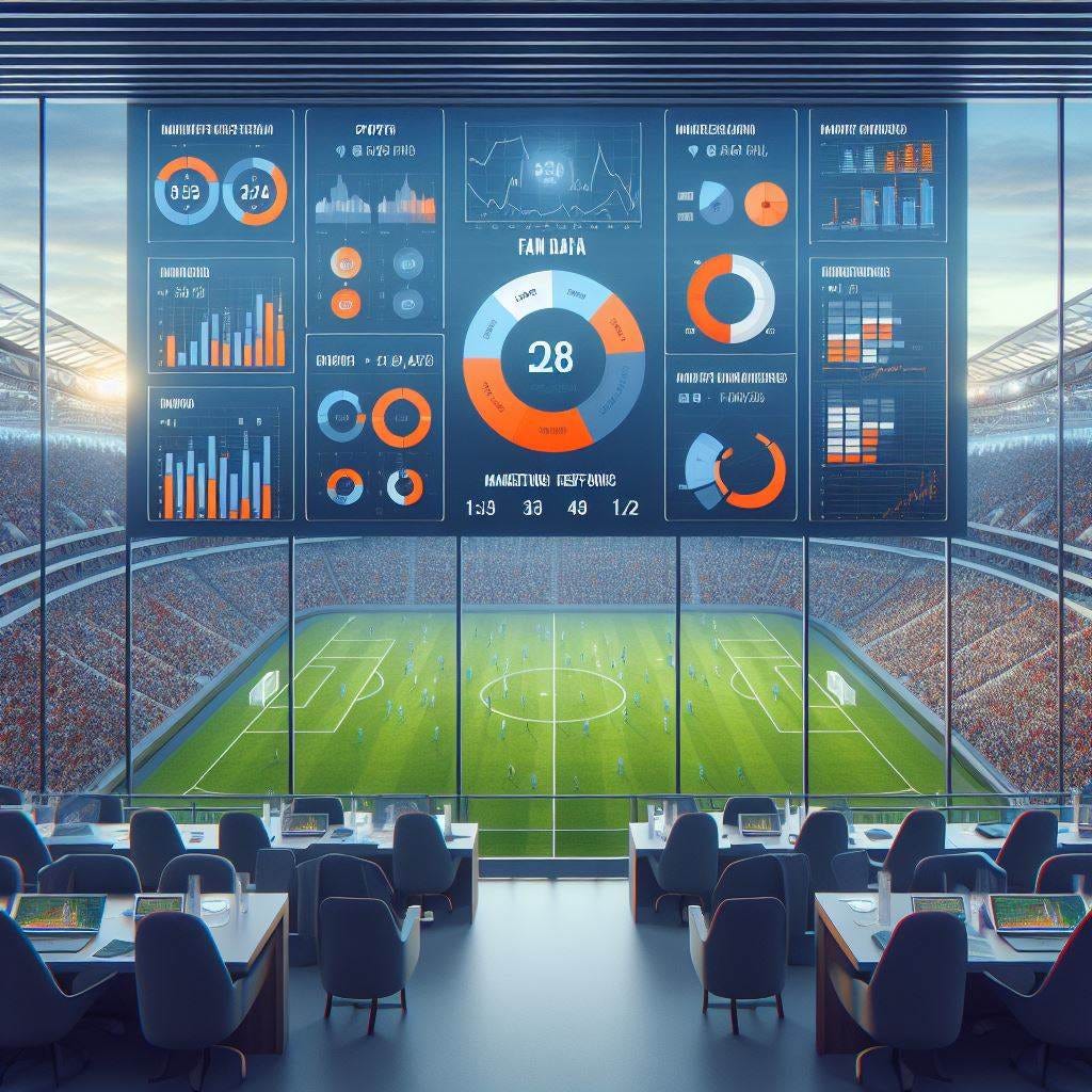 sports business dashboards showing fan data and marketing performance on a wall in a suite overlooking a stadium with softer colors