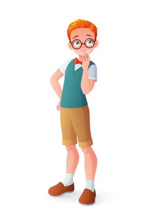 Young curious smart redhead thinking boy in eyeglasses. Cartoon vector  illustration isolated on white background.:: tasmeemME.com