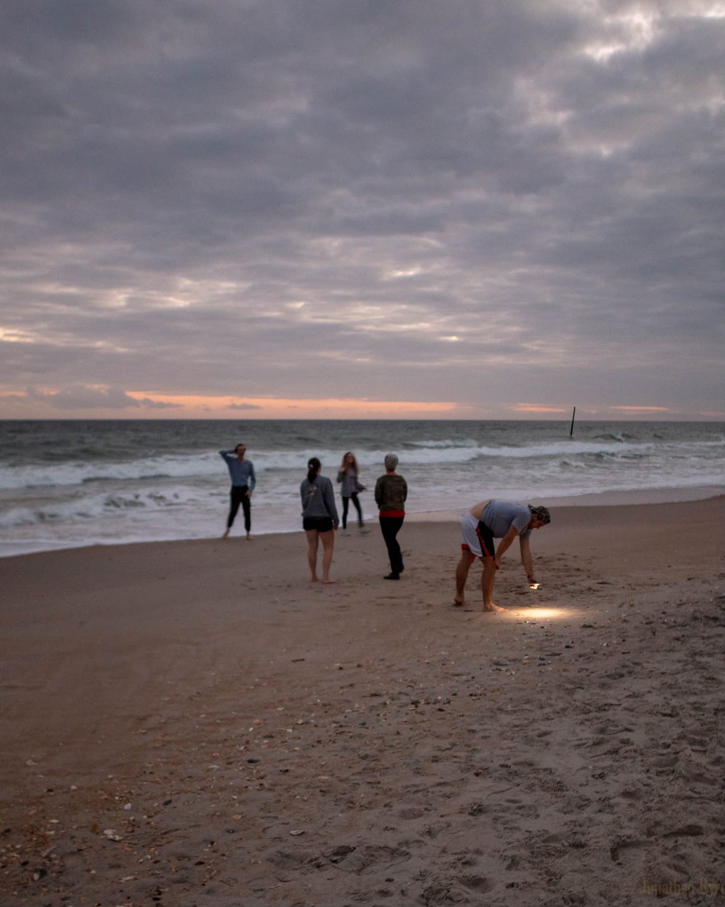 Group of people on a beach. Someone searches the sand with a flashlight