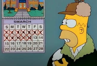 Still shot from the Simpsons, of Homer looking at a Springfield Elementary Calendar open to the month of Smarch.