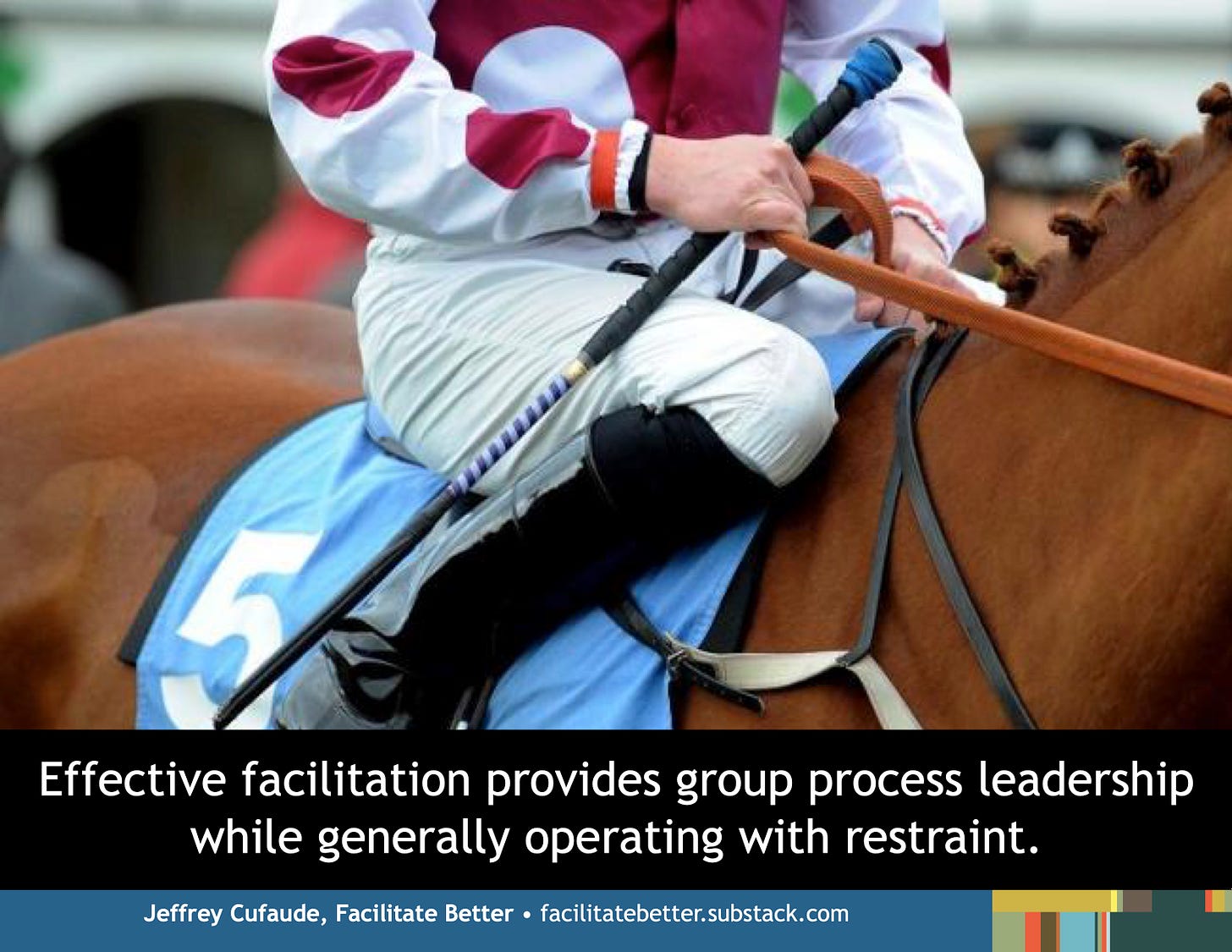 closeup of a jockey atop a stationary race horse with one hand holding both the bridle and a riding crop  text below: Effective facilitation provides group process leadership while generally operating with restraint.