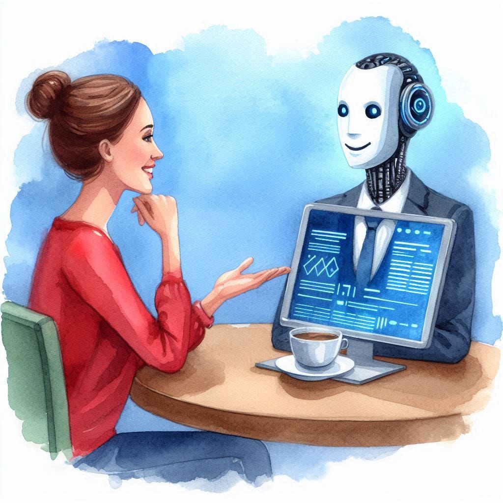 Interviewing the computer. Image by Bing.