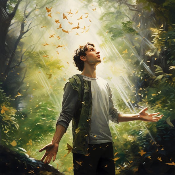 A young man at one with a forest ecosystem. His arms are open, face to the sky. Animals and trees surround him in a complex interaction and life force pervades and connects everything.