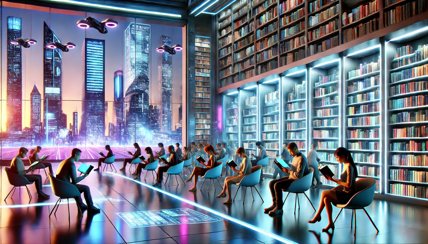 A futuristic scene in 16:9 ratio depicting humans in a sleek, advanced library with glowing shelves filled with holographic books and traditional paper books side by side. People of diverse backgrounds are seated in modern, minimalist chairs, deeply engrossed in reading, with a peaceful ambiance of soft neon lighting in hues of blue and purple. In the background, large floor-to-ceiling windows reveal a futuristic cityscape with flying vehicles and towering skyscrapers. The scene emphasizes the enduring love for reading in a high-tech future.